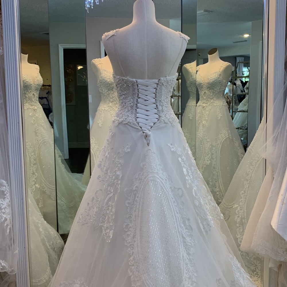 NEW ivory Aline cathedral length train wedding dress beaded corset back vneck - Picture 3 of 11